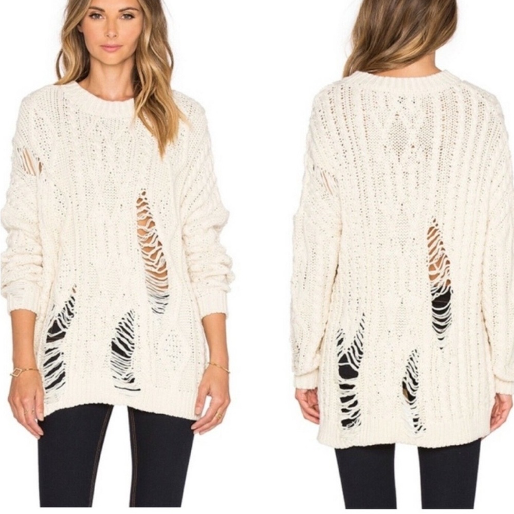 J.O.A DESTROYED CABLEKNIT IVORY SWEATER